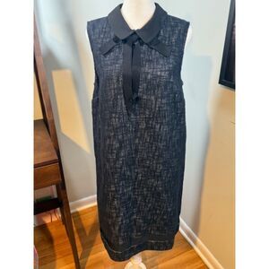 Karl Lagerfeld Black Textured Sleeveless Midi Dress with Ribbon Collar